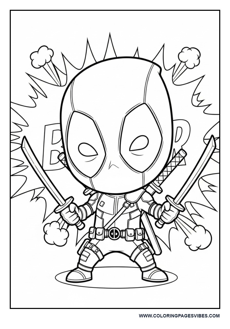 Chibi Deadpool with Comic Burst Background