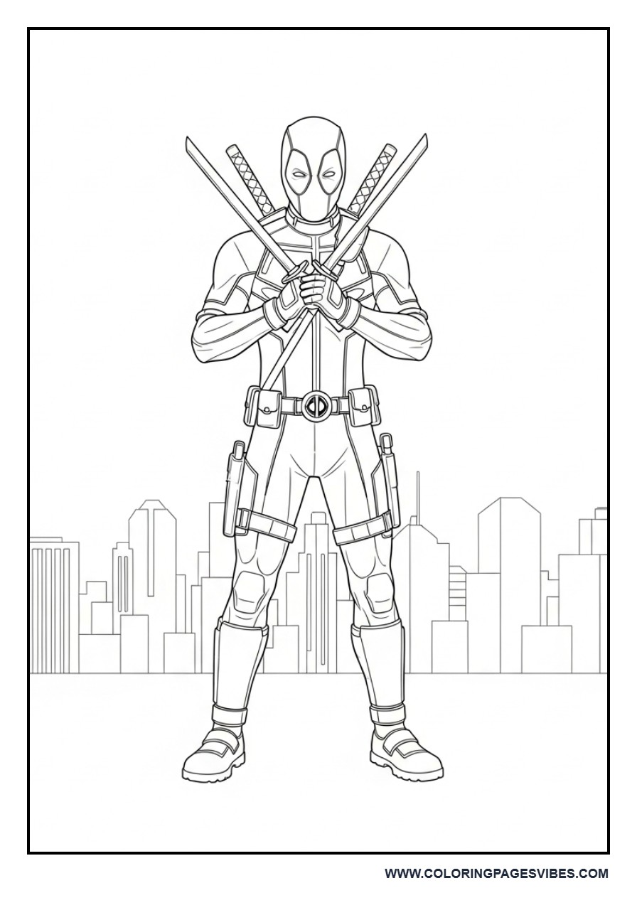 Deadpool Action Pose with City Skyline