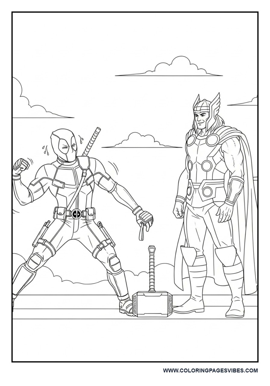 Deadpool and Thor with Hammer Scene