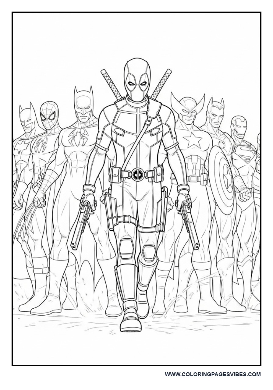 Deadpool Group Scene with Multiple Heroes