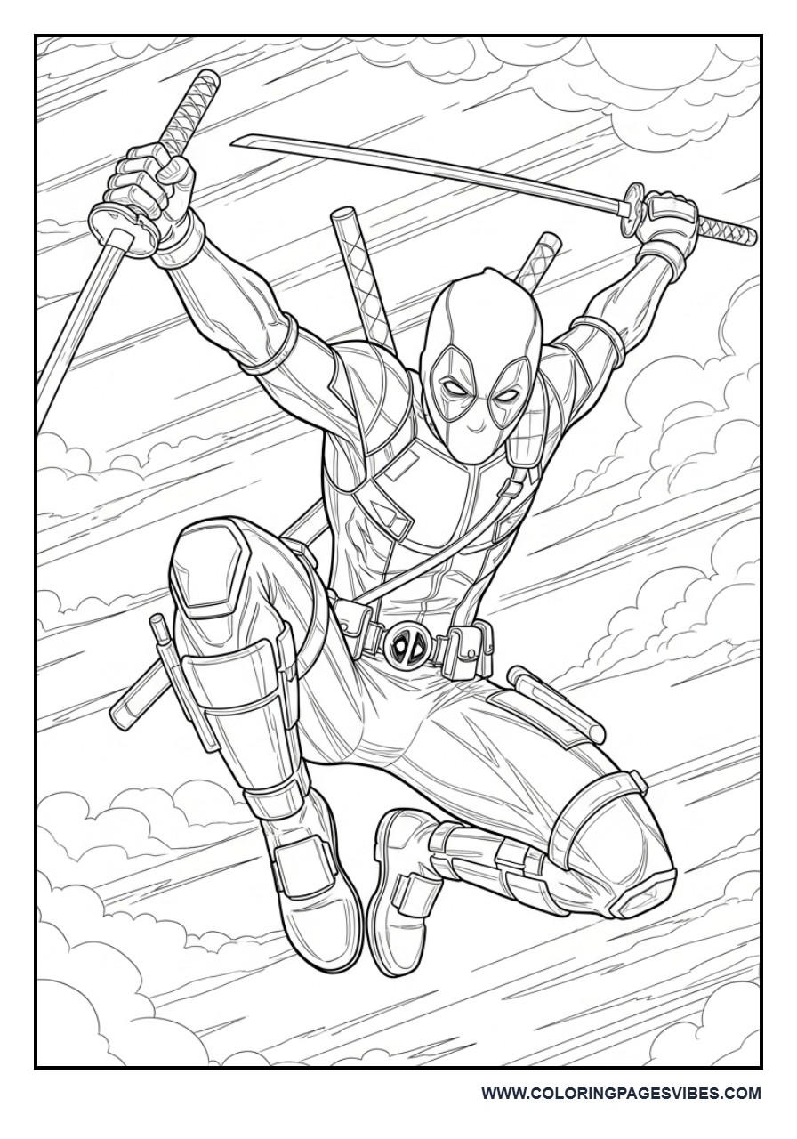 Deadpool Jump Attack with Clouds and Lines