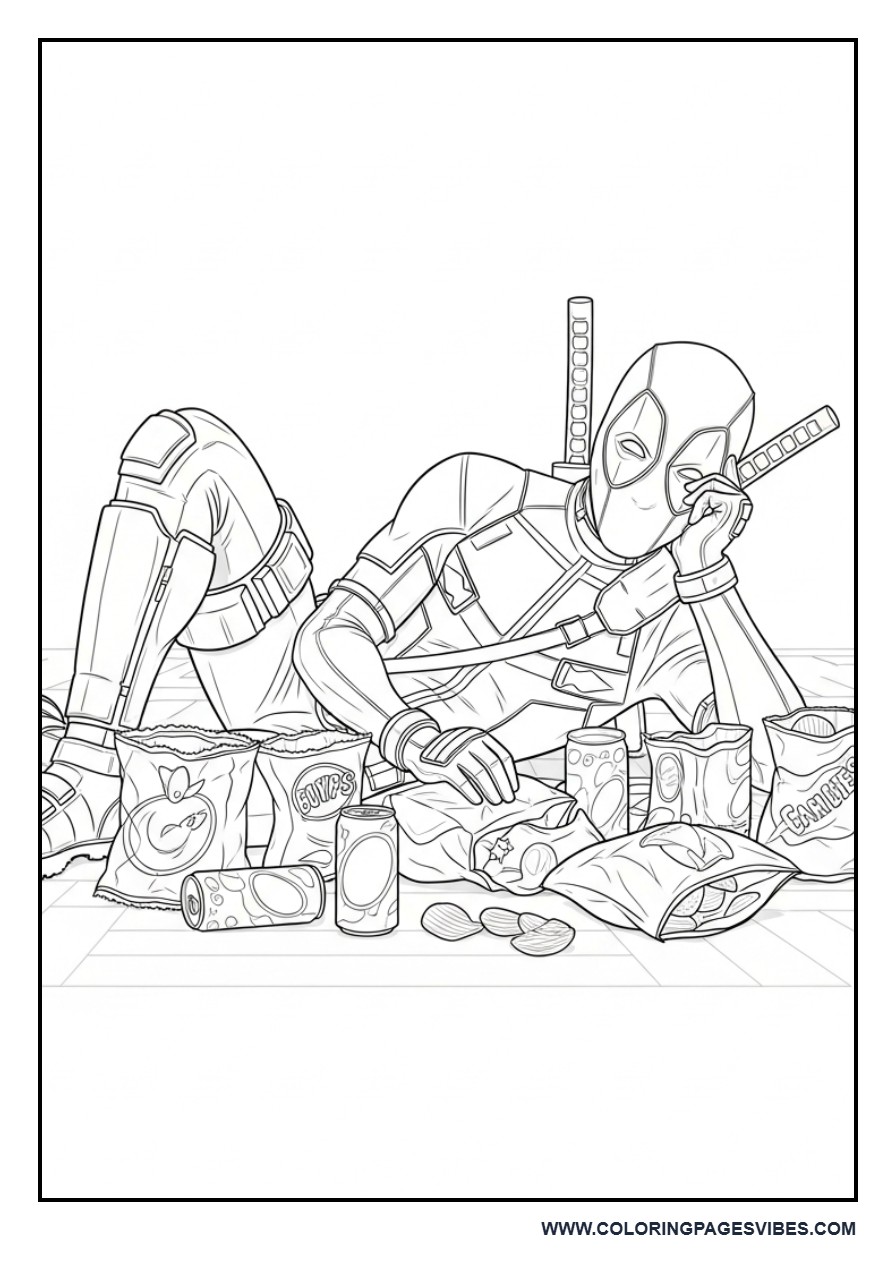 Deadpool Lying Relaxed with Snacks