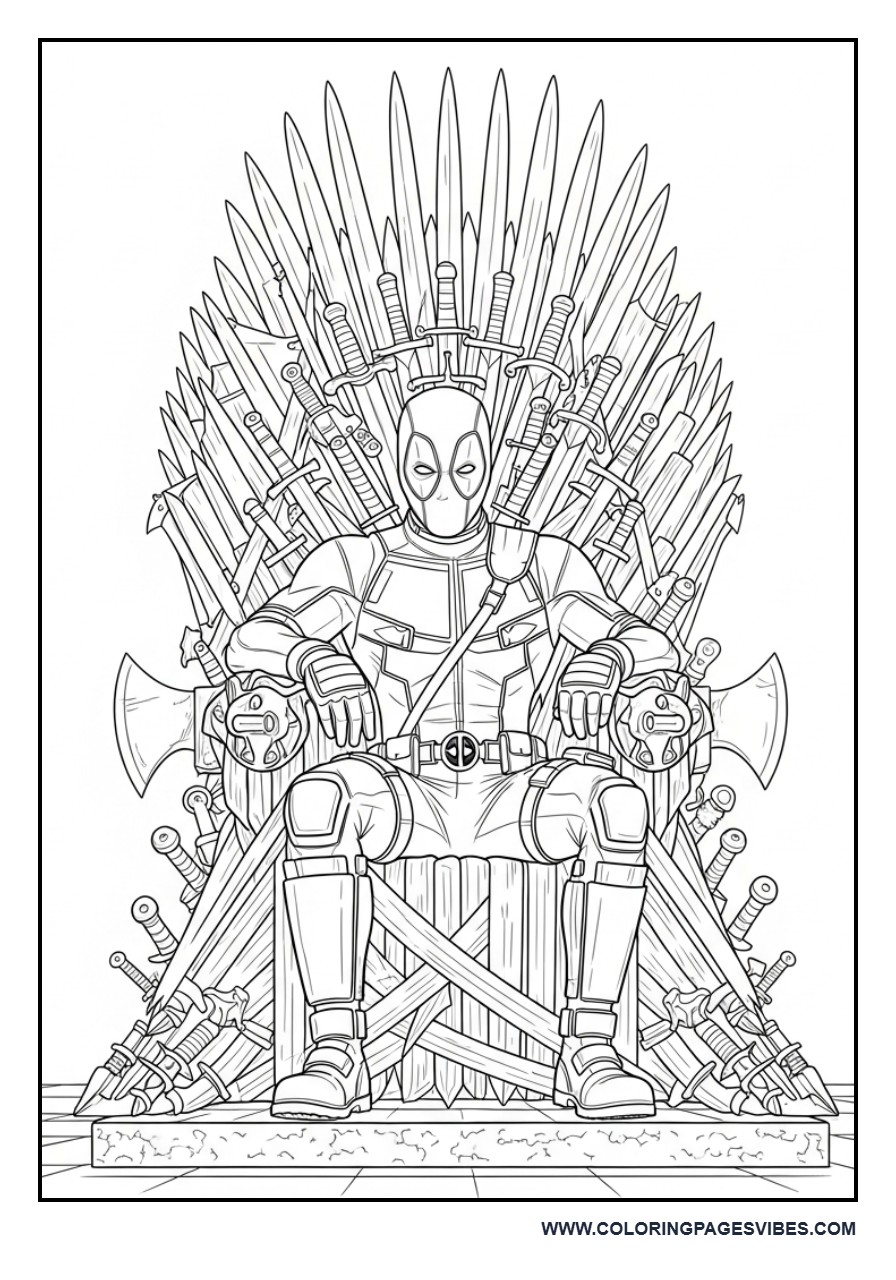 Deadpool Sitting on Throne of Weapons