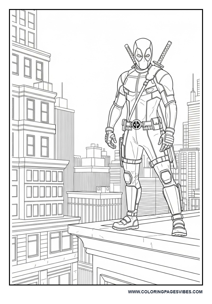 Deadpool Standing on Rooftop City View
