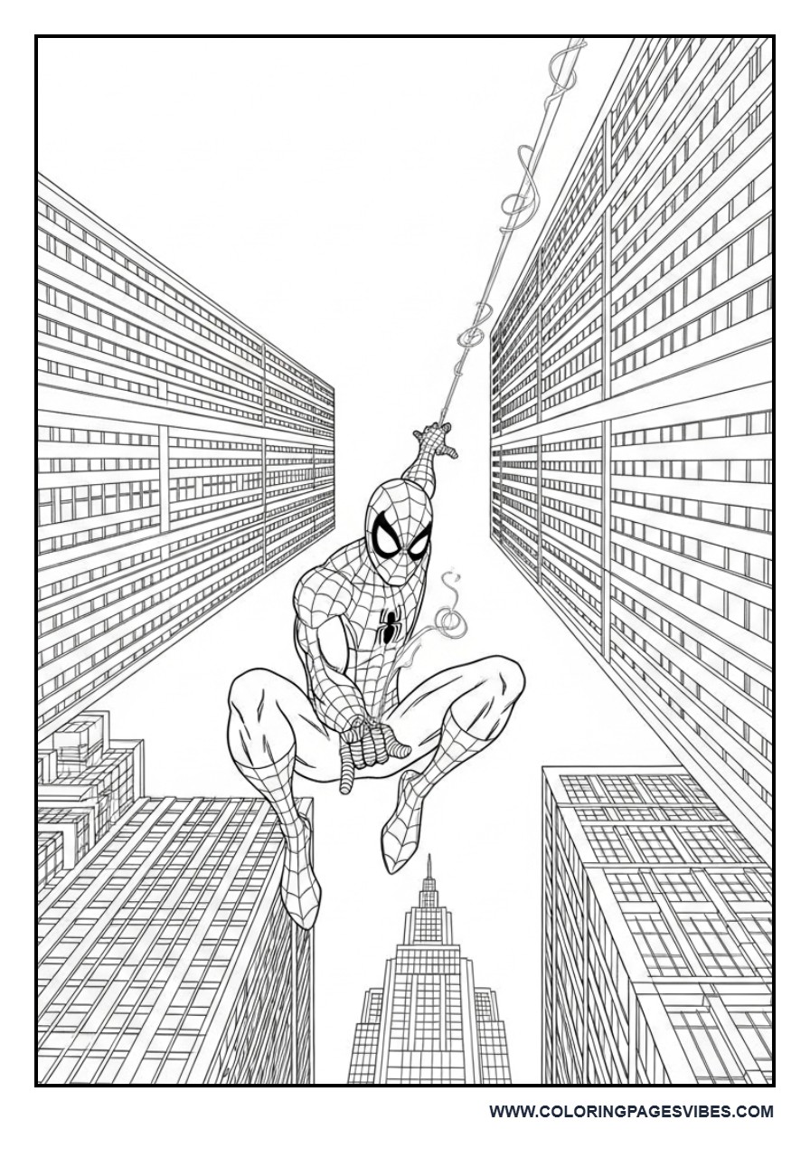 Spider-Man Swinging Between Tall Buildings