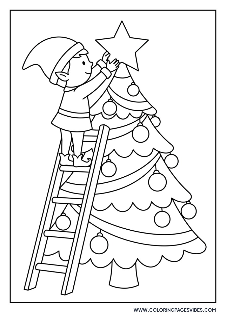 Elf Decorating a Tall Christmas Tree