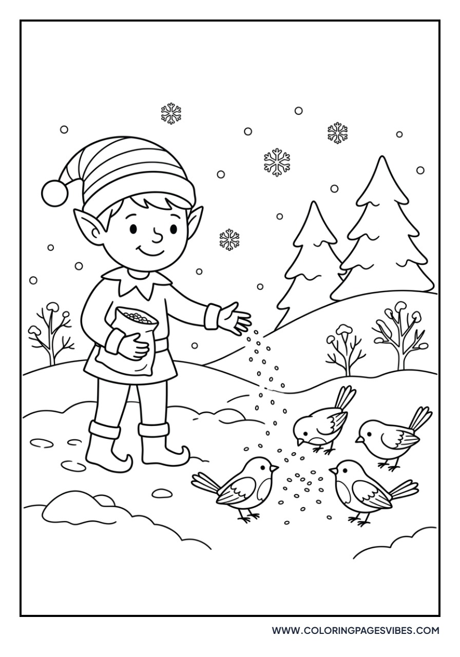 Elf Feeding a Group of Robins
