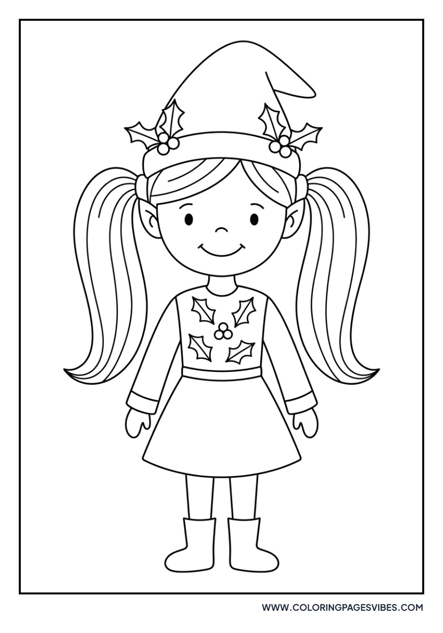 Elf Girl with Pigtails and Holly