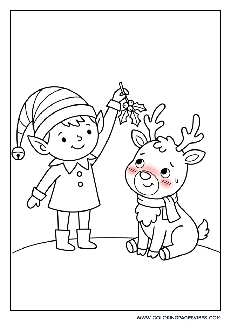 Elf Holding a Mistletoe Over Reindeer