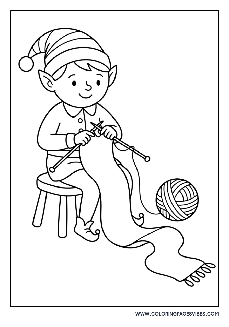 Elf Knitting a Long Red Scarf
