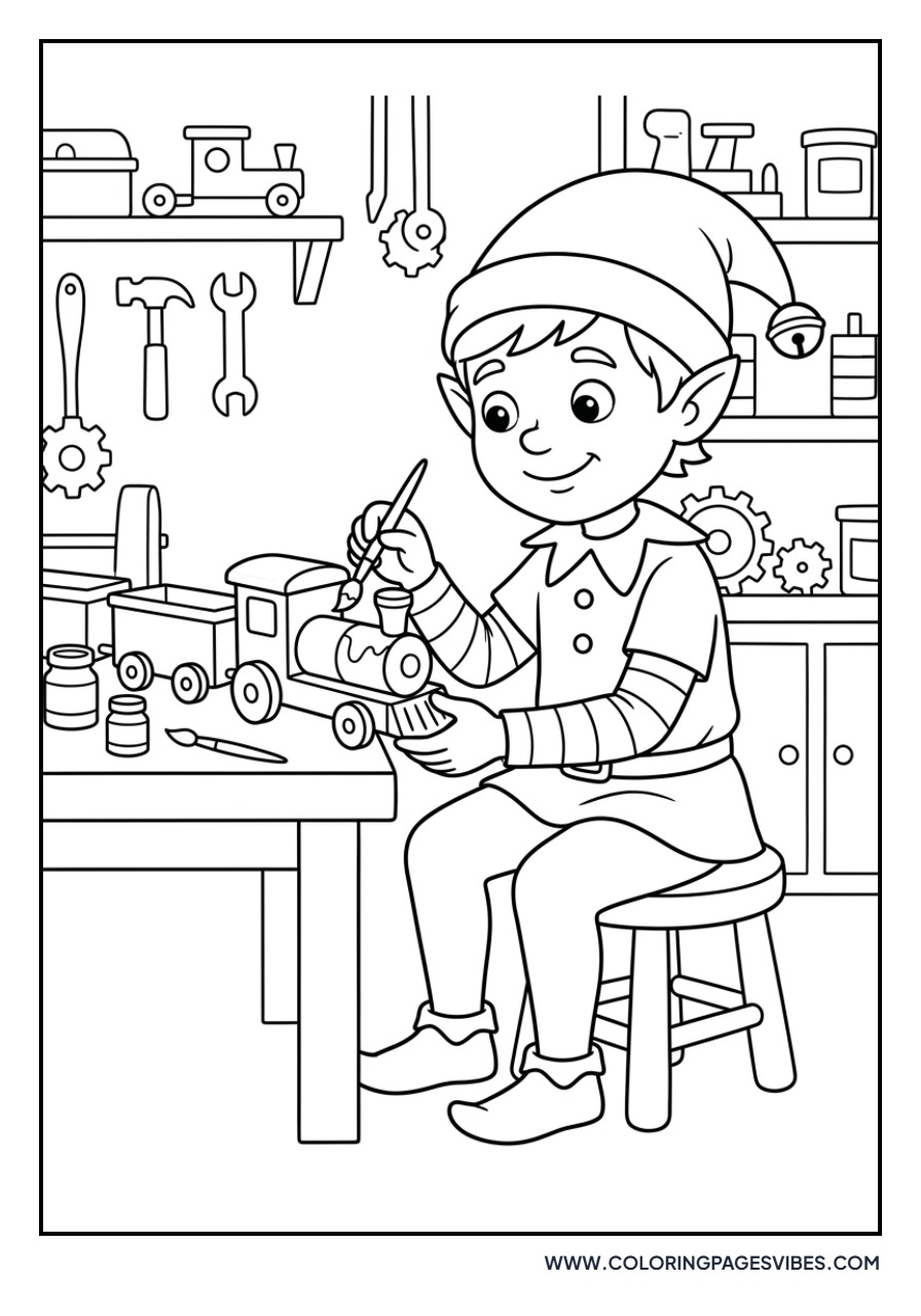 Elf Painting a Wooden Toy Train