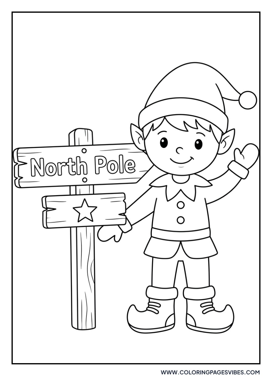 Elf Pointing at the North Pole Sign
