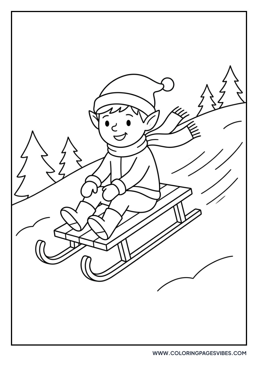 Elf Sledding Down a Snowy Hill