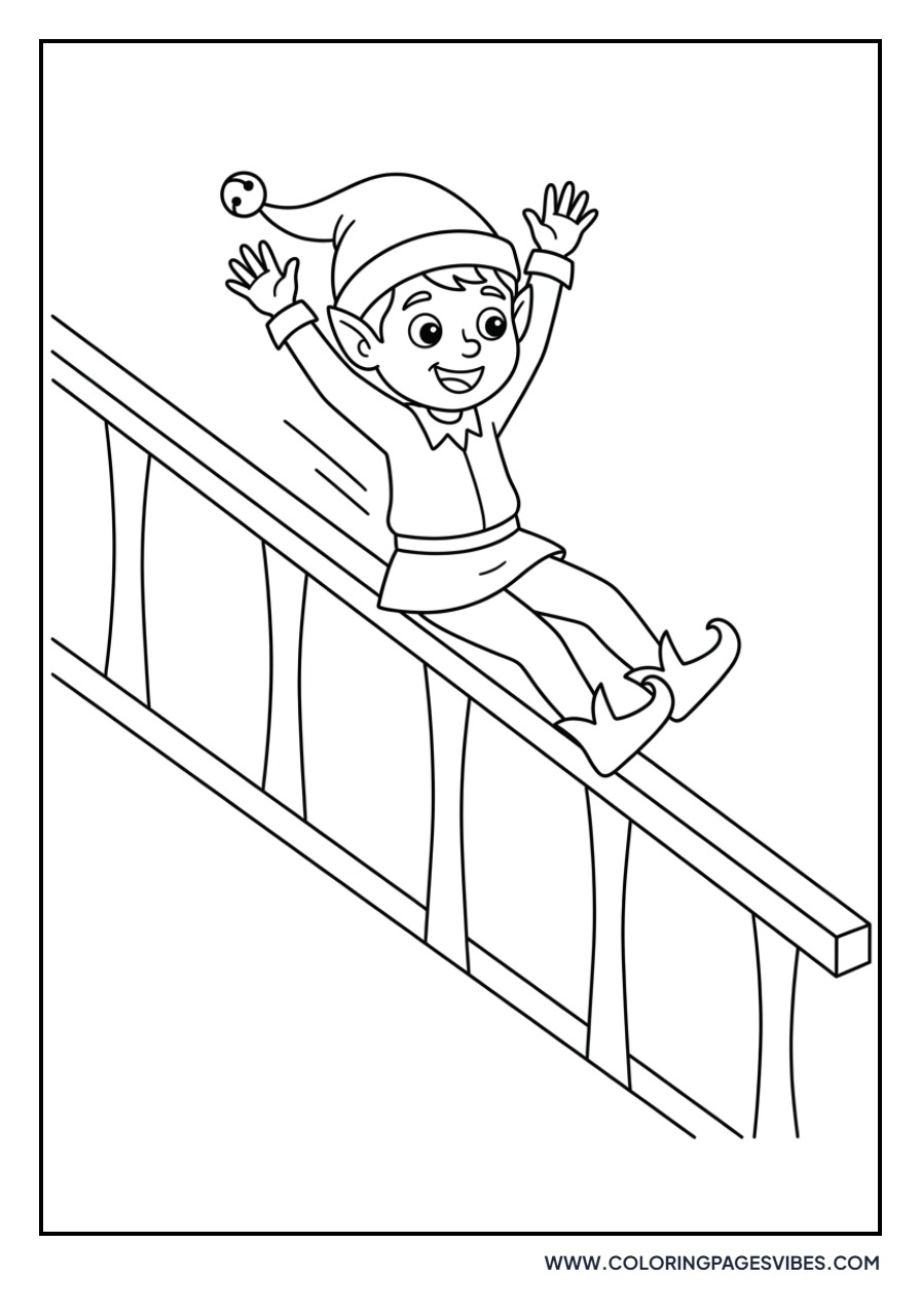 Elf Sliding Down a Staircase Railing