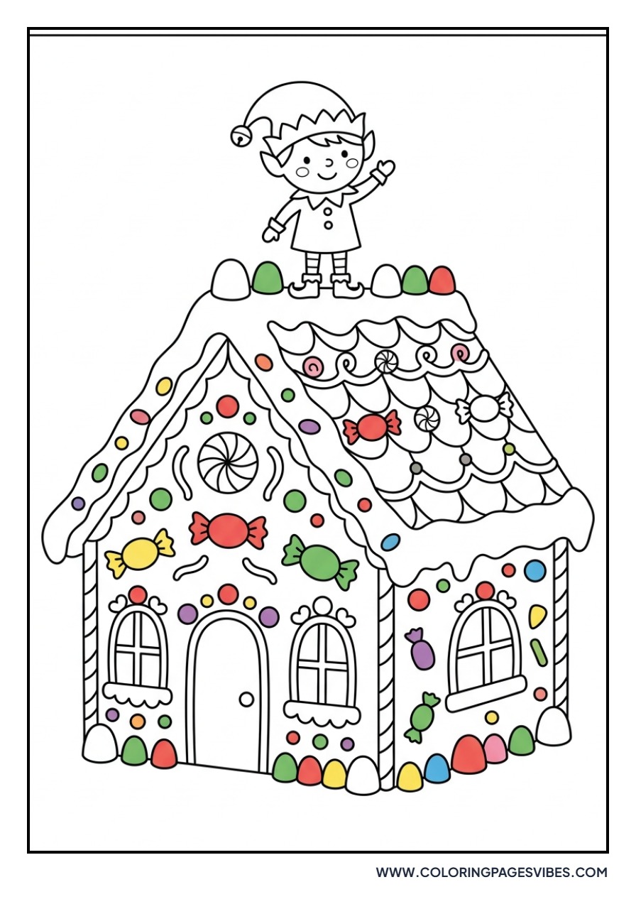 Elf Standing on a Gingerbread House