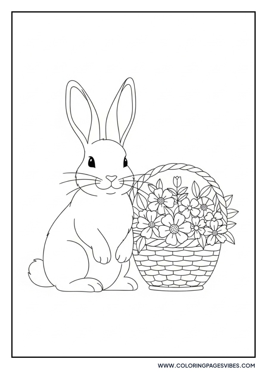 Bunny Near Basket in Flowers