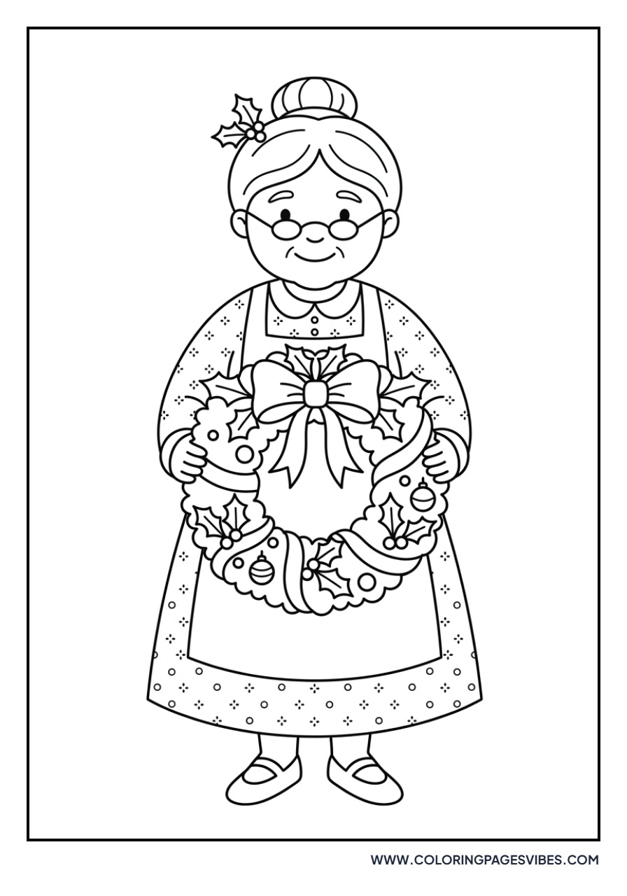 Mrs. Claus Holding a Christmas Wreath