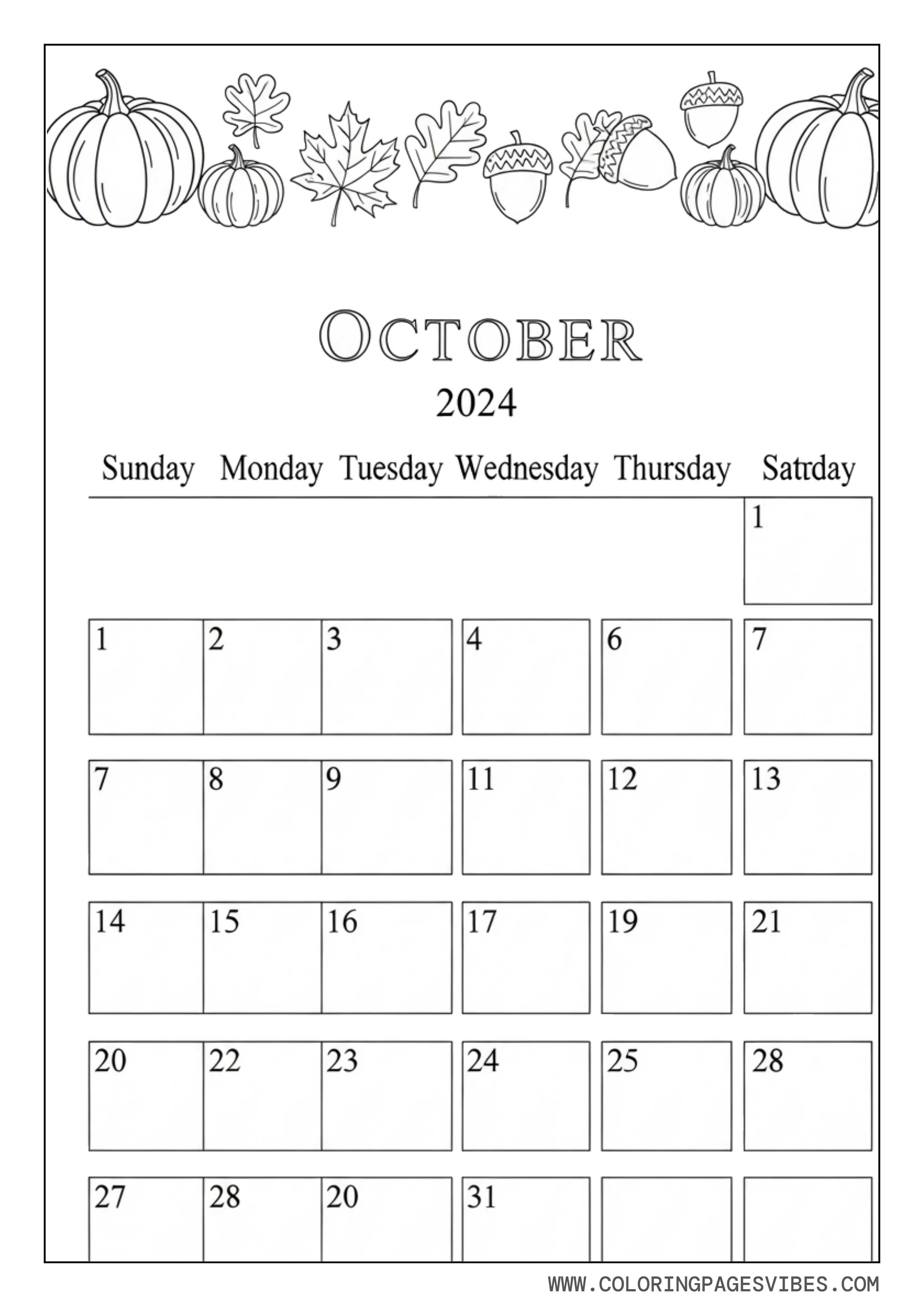 October Calendar Coloring Page