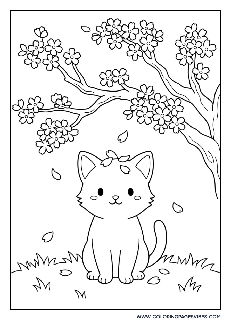 Cat Under Cherry Blossom Tree