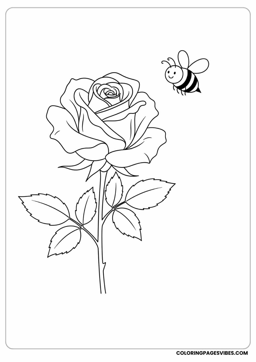 cartoon rose with bee coloring page