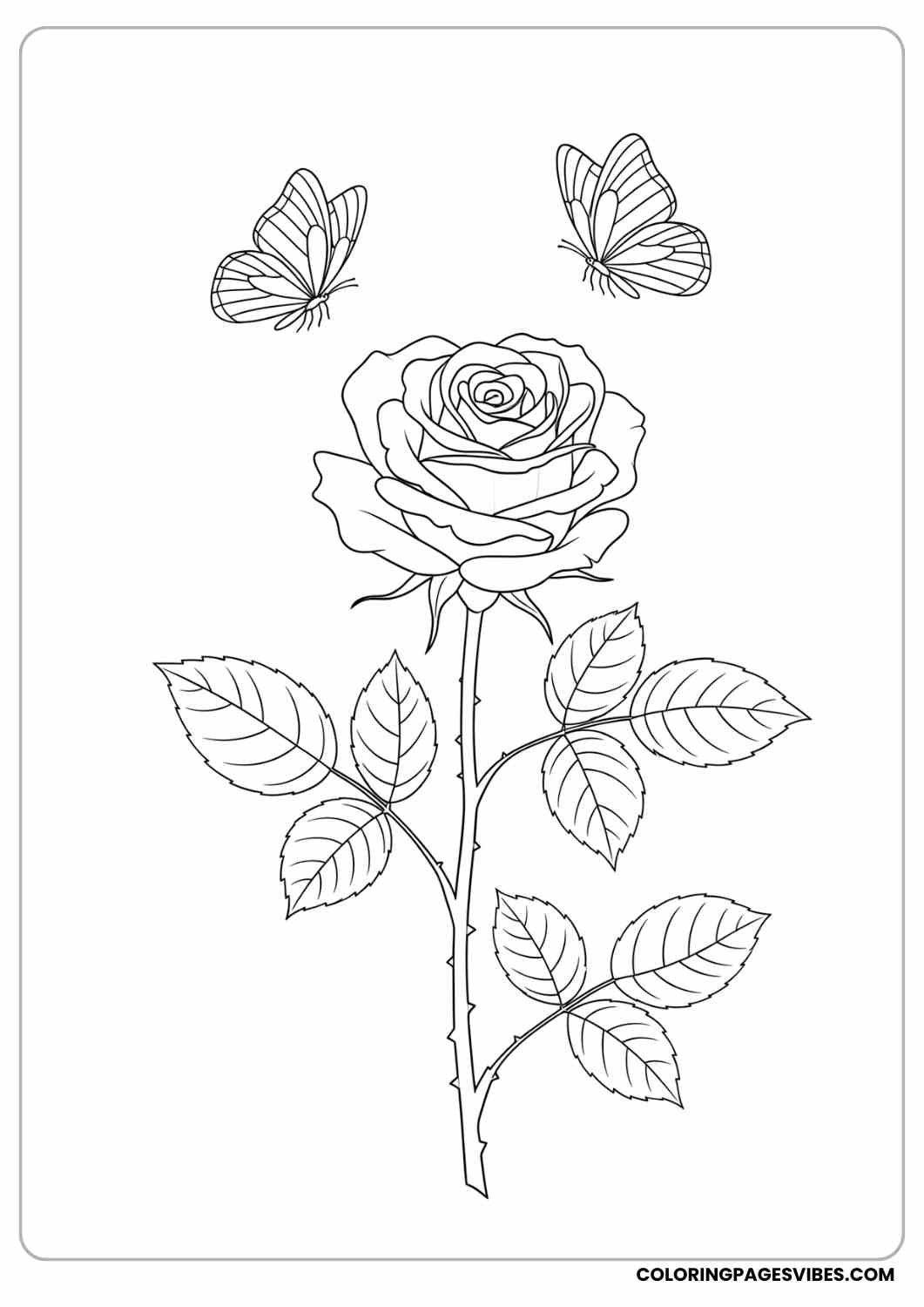 rose with two butterflies coloring page