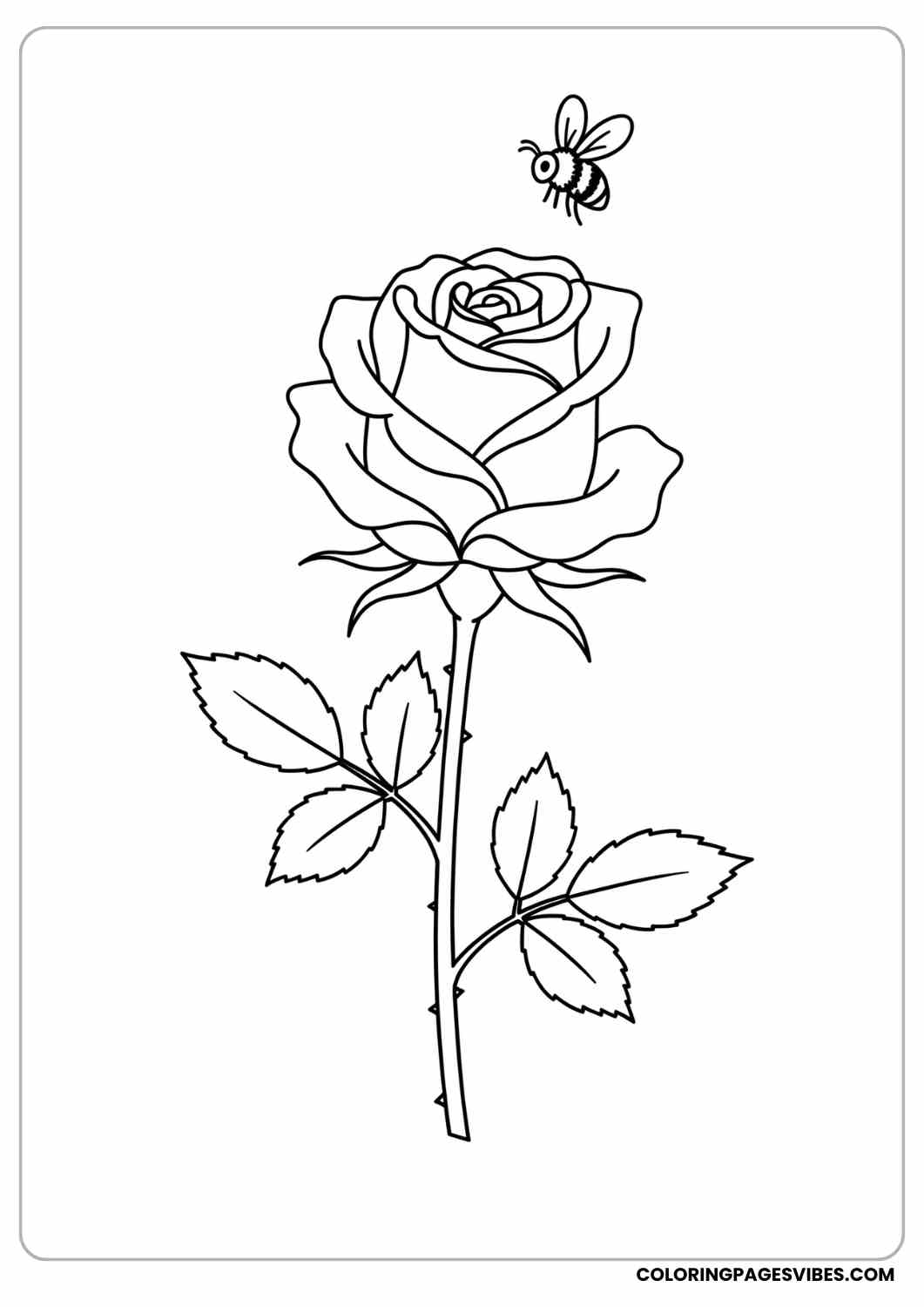 rose with cute bee coloring page