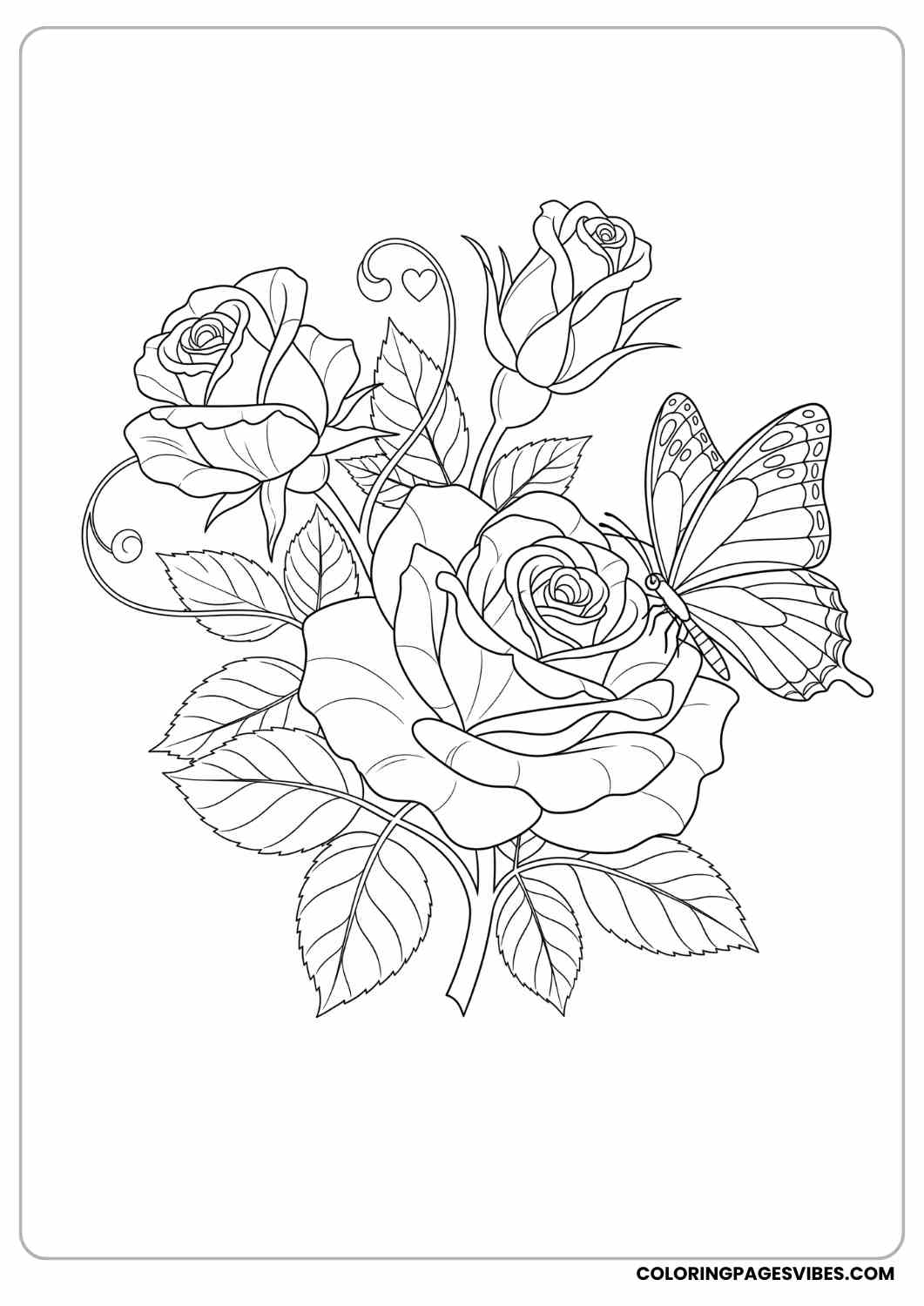 rose with butterfly and heart coloring page
