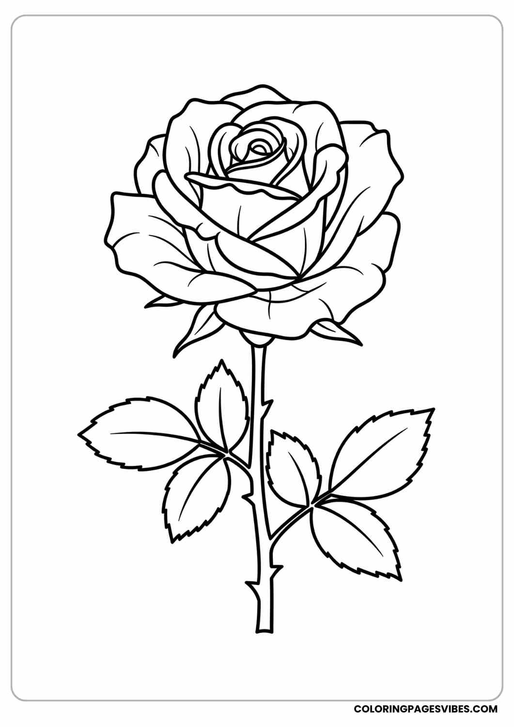 single rose bloom with leaves coloring page
