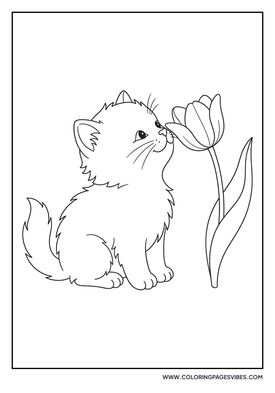 Kitten Smelling a Tulip